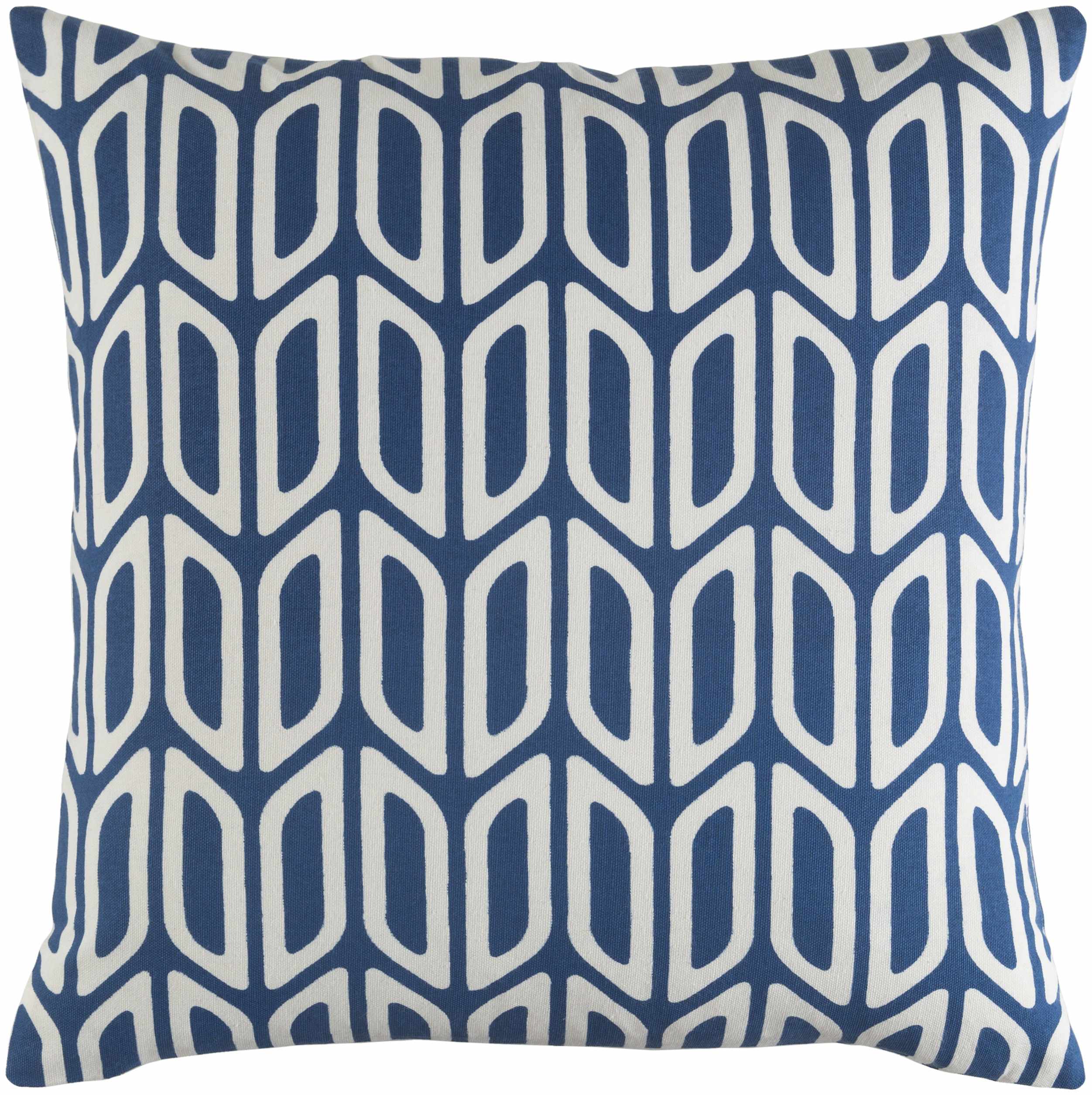 Decorative pillow with blue and white geometric pattern on a blue background