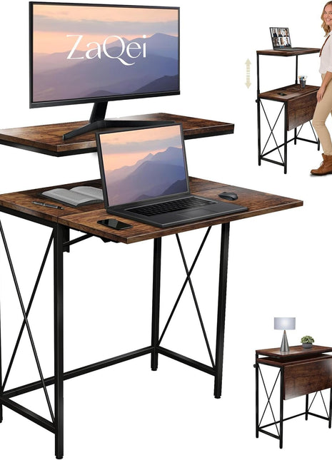 Small Standing Desk, Height Adjustable Small Writing, Mini Desk, Home Office Desks, Work for Home Office, Folding Laptop Study Compact (Brown)-0