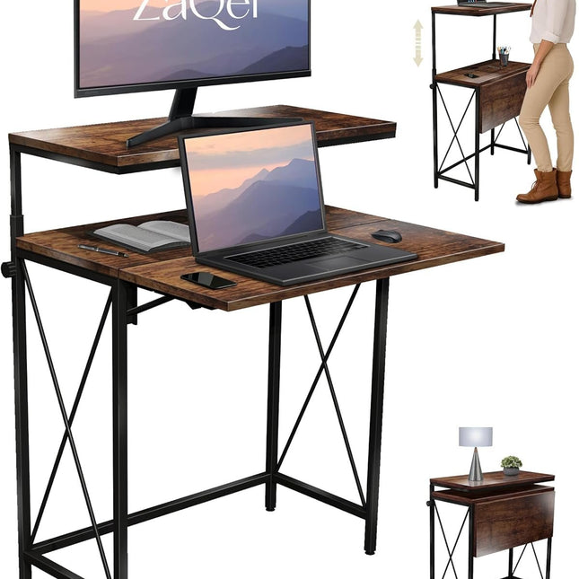 Small Standing Desk, Height Adjustable Small Writing, Mini Desk, Home Office Desks, Work for Home Office, Folding Laptop Study Compact (Brown)-0