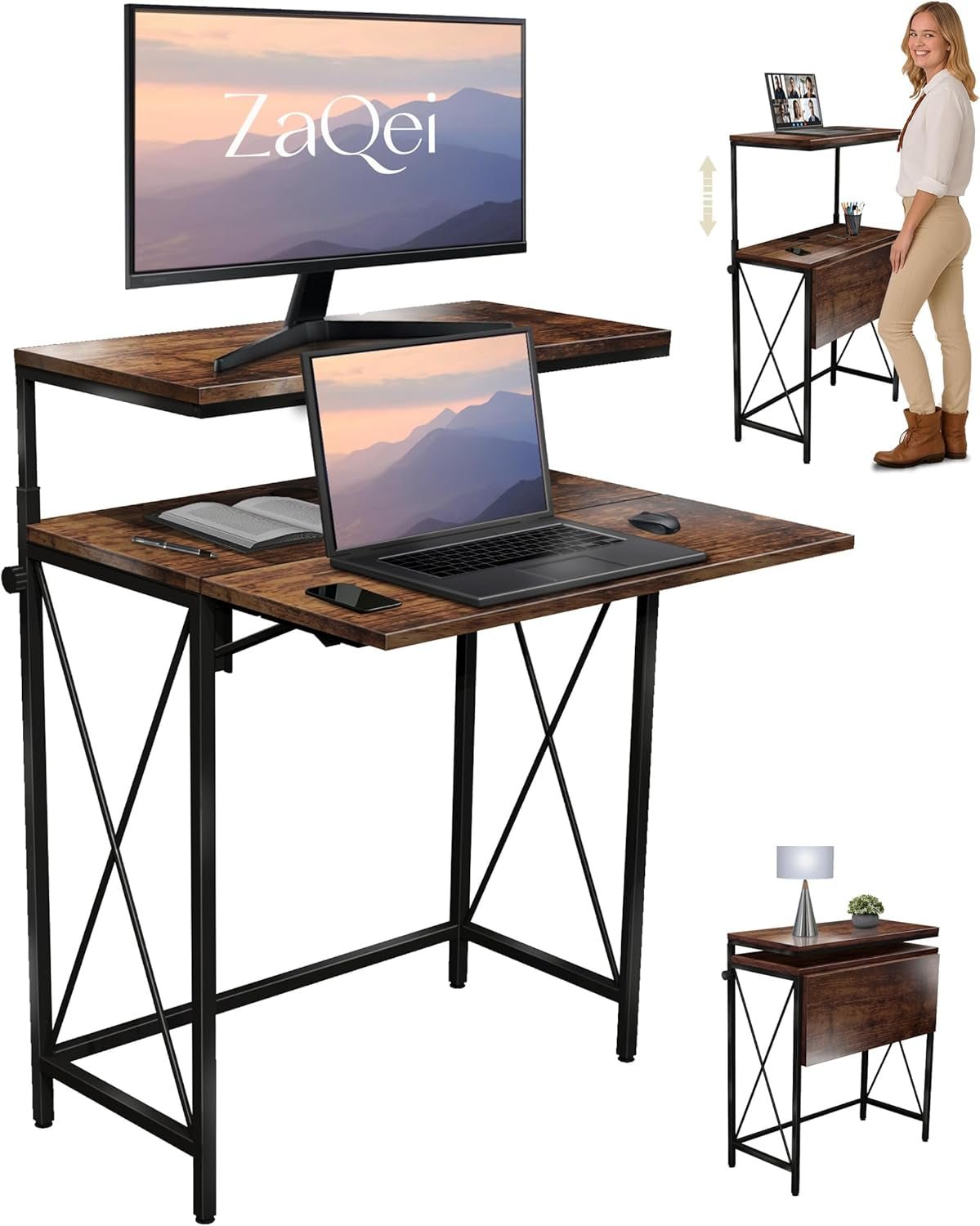 Small Standing Desk, Height Adjustable Small Writing, Mini Desk, Home Office Desks, Work for Home Office, Folding Laptop Study Compact (Brown)-0