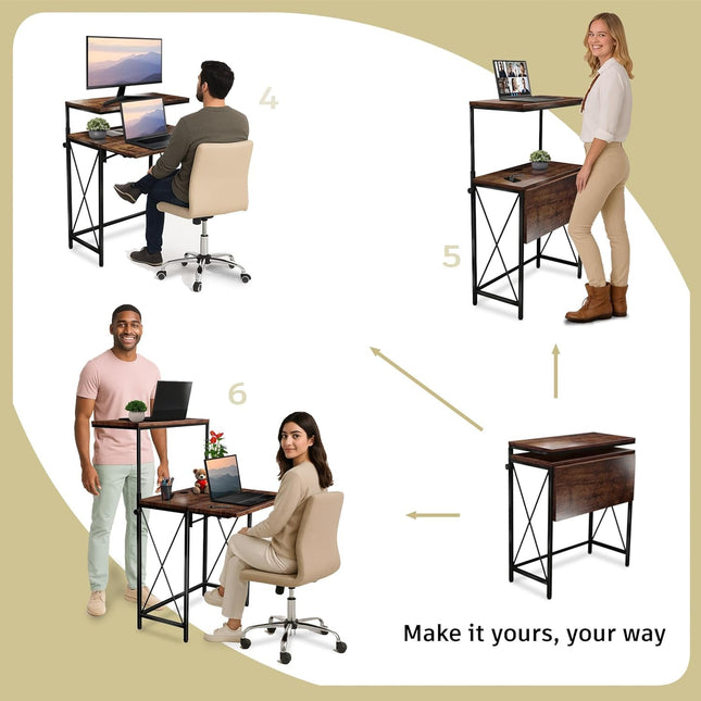 Small Standing Desk, Height Adjustable Small Writing, Mini Desk, Home Office Desks, Work for Home Office, Folding Laptop Study Compact (Brown)-4