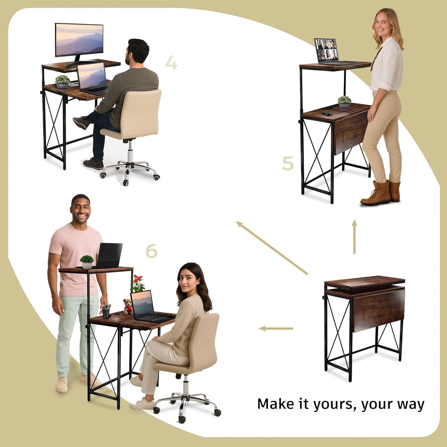 Small Standing Desk, Height Adjustable Small Writing, Mini Desk, Home Office Desks, Work for Home Office, Folding Laptop Study Compact (Brown)-4