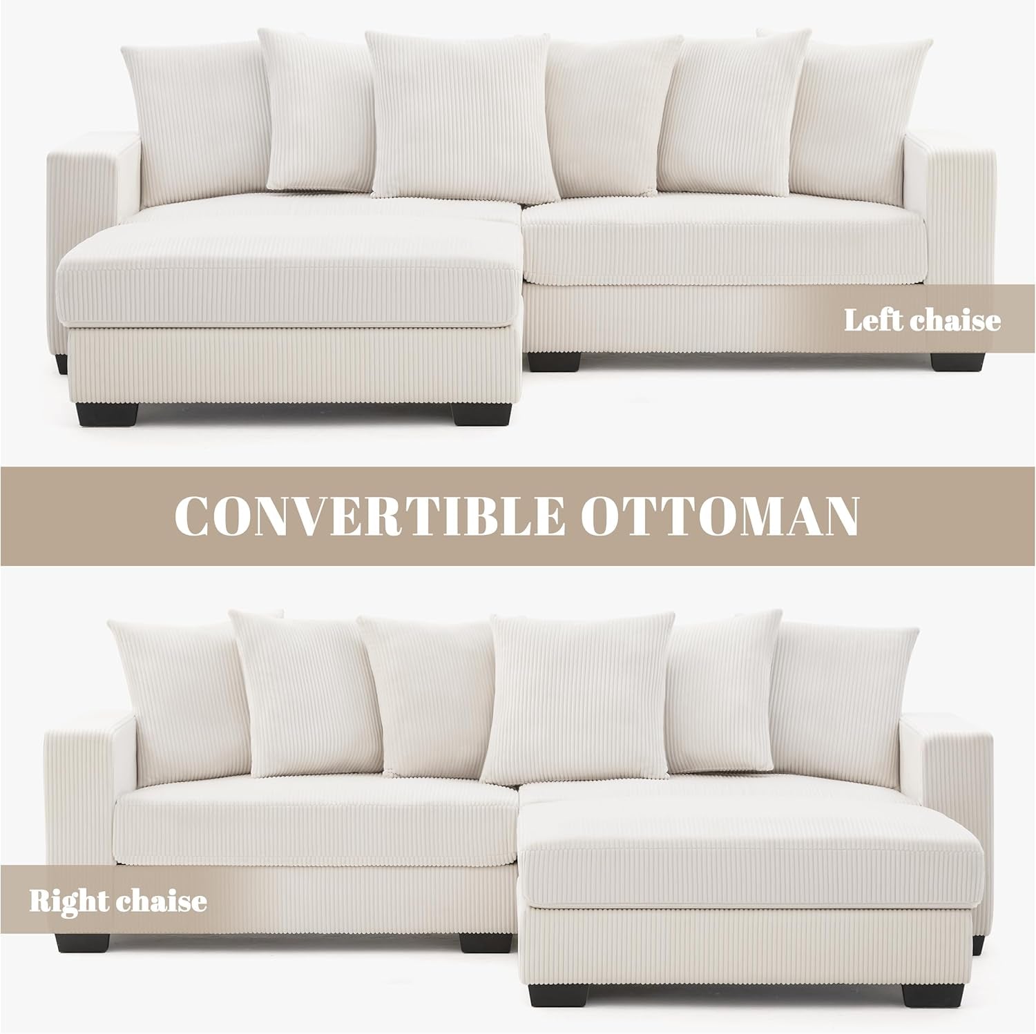 Beige sectional sofa with convertible ottoman on a white background
