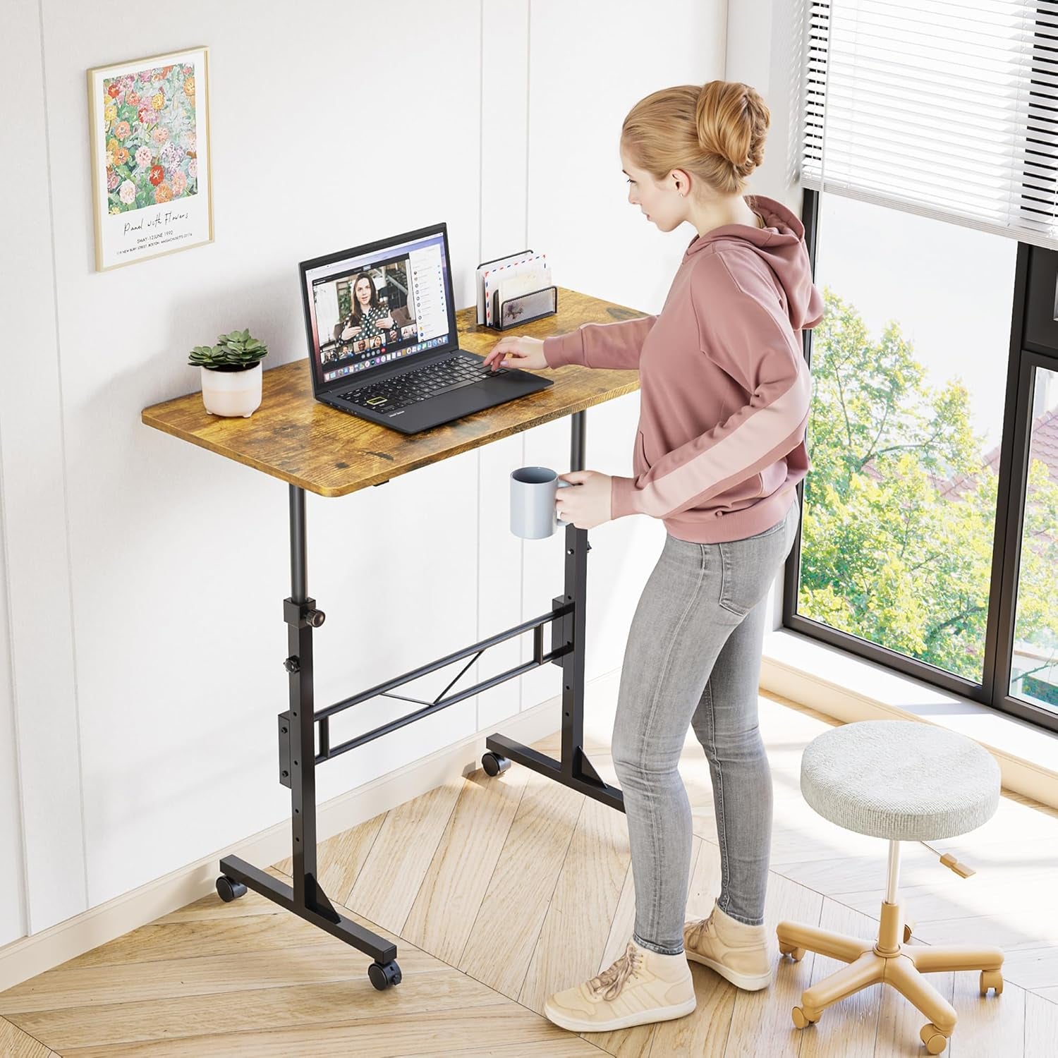 Standing Desk, 32 Inch Portable Small Desk Adjustable Height, Rolling Home Office Desks with Wheels, Sit Stand Desk for Bedroom Walking Pad Home Office Small Space, Rustic-3