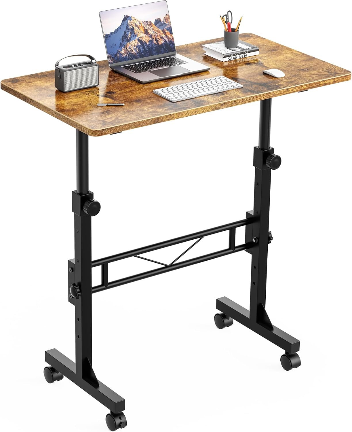 Standing Desk, 32 Inch Portable Small Desk Adjustable Height, Rolling Home Office Desks with Wheels, Sit Stand Desk for Bedroom Walking Pad Home Office Small Space, Rustic-0