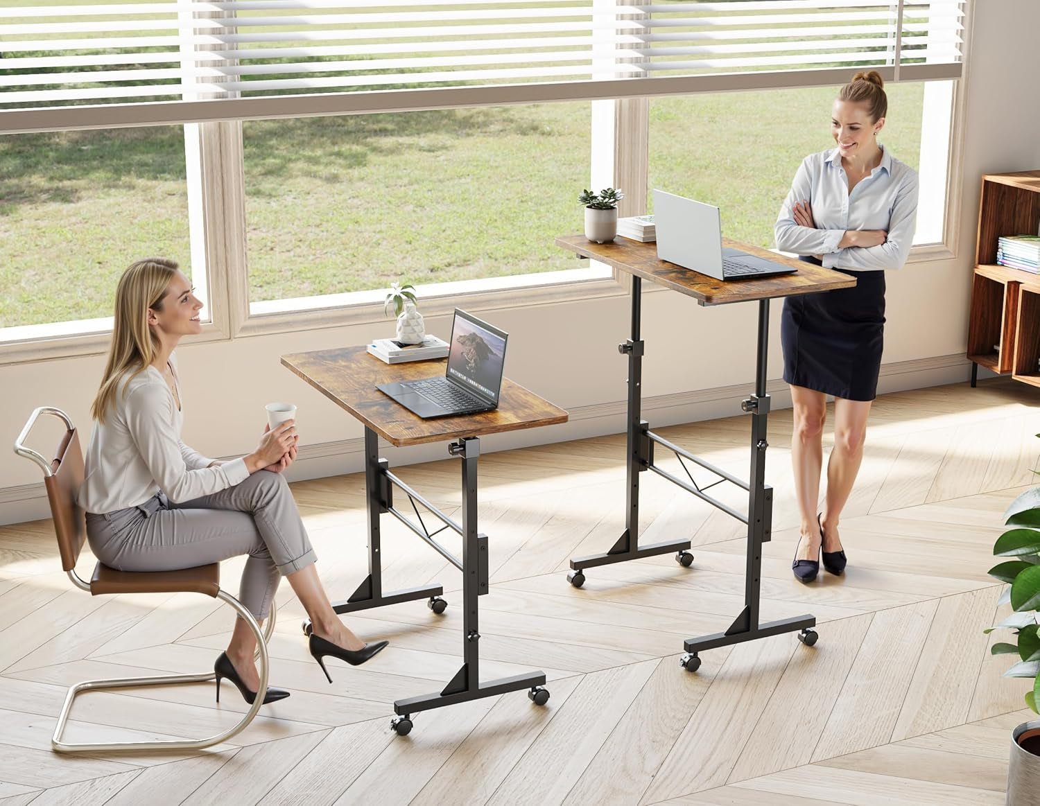 Standing Desk, 32 Inch Portable Small Desk Adjustable Height, Rolling Home Office Desks with Wheels, Sit Stand Desk for Bedroom Walking Pad Home Office Small Space, Rustic-1