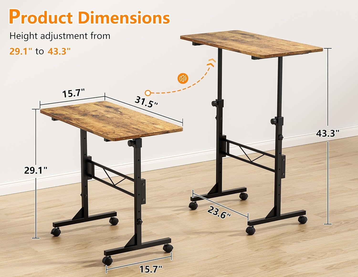 Standing Desk, 32 Inch Portable Small Desk Adjustable Height, Rolling Home Office Desks with Wheels, Sit Stand Desk for Bedroom Walking Pad Home Office Small Space, Rustic-2