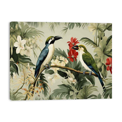 Canvas print with tropical birds and flowers on a beige background