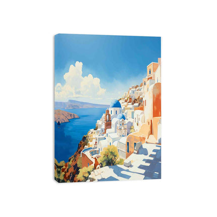 Canvas print of a coastal scene with white buildings and blue sky.