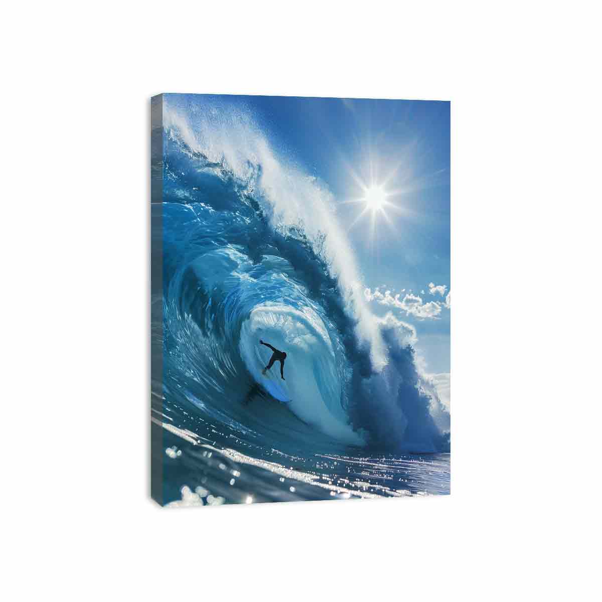 Canvas print of a surfer riding a large wave with a bright sun in the background