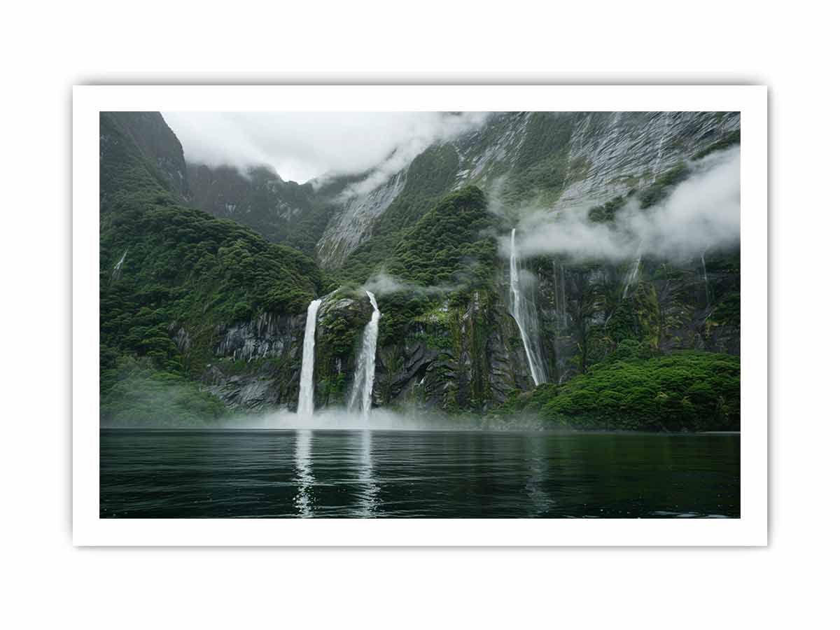 Scenic view of a waterfall in a mountainous area with misty atmosphere.