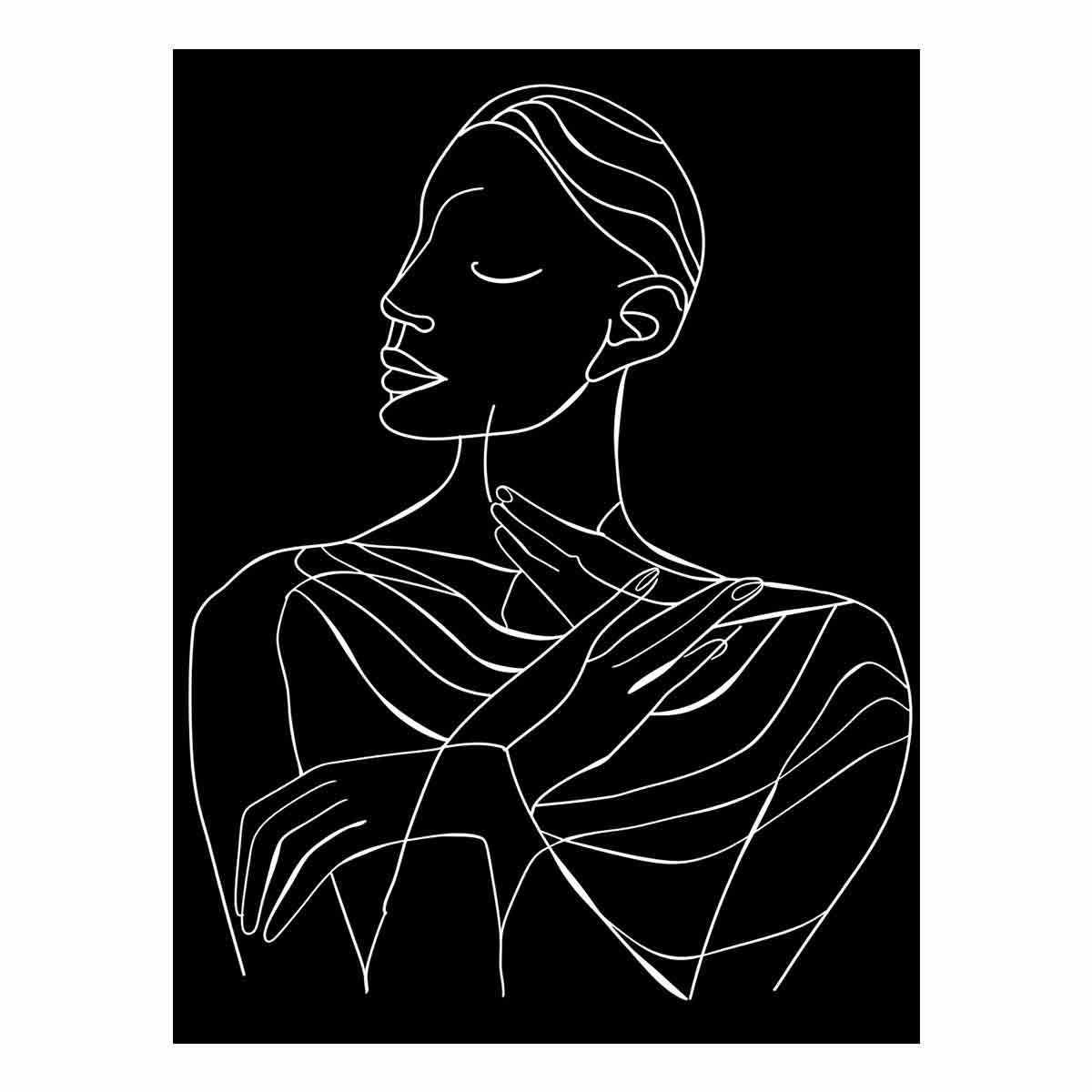 Line art of a woman with her hand on her neck against a black background