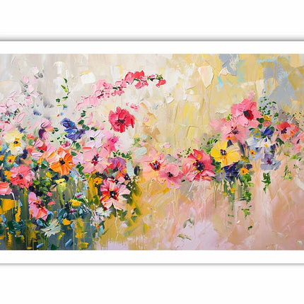 Colorful floral painting with a white frame on a white background