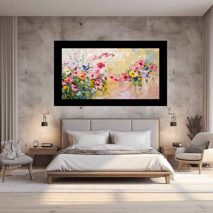 Modern bedroom with a floral painting on the wall