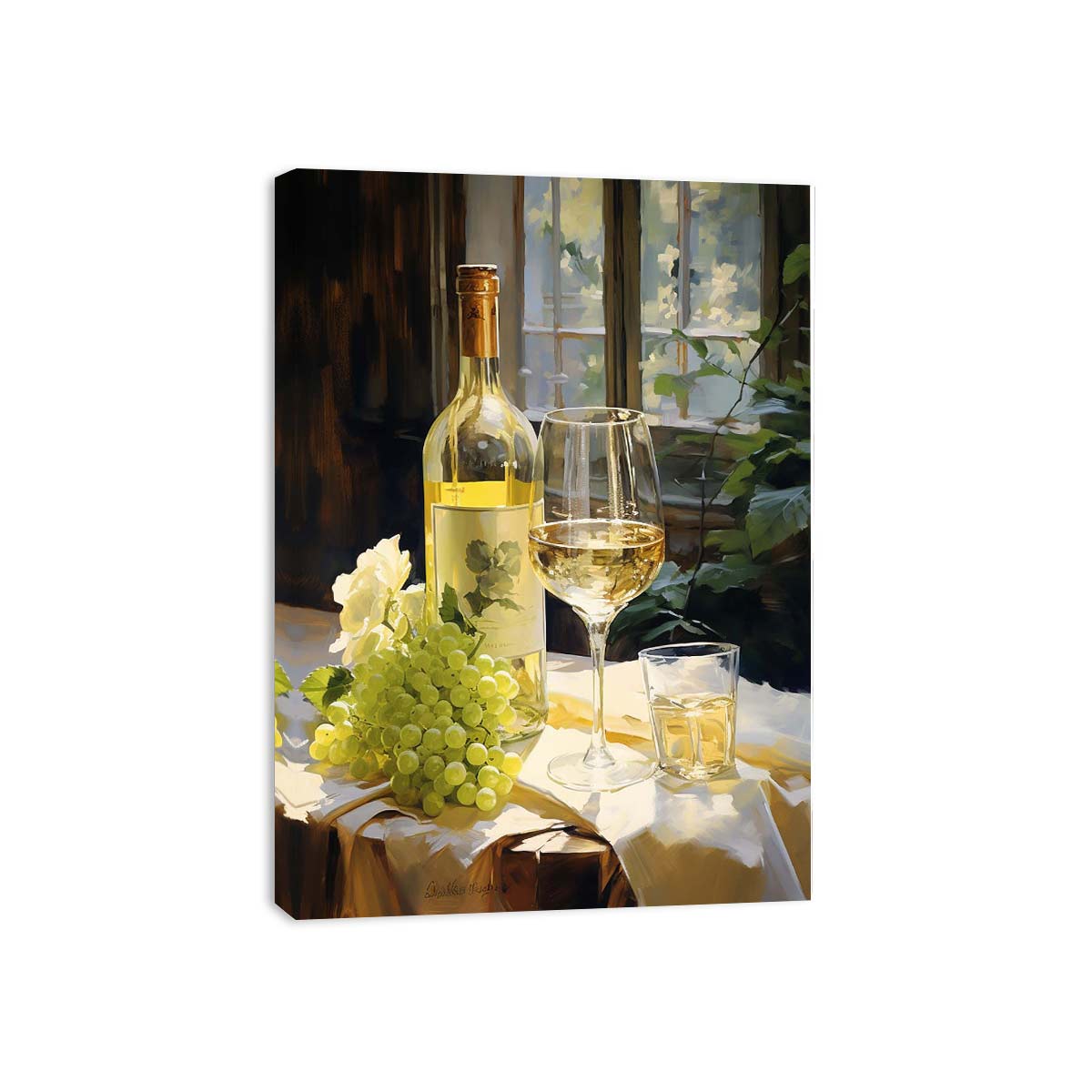 Wine bottle, glass, and grapes on a table with a window in the background