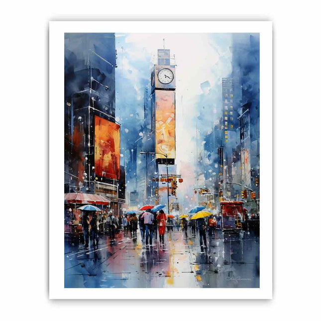 City street scene with people holding umbrellas on a rainy day, featuring a tall clock tower.