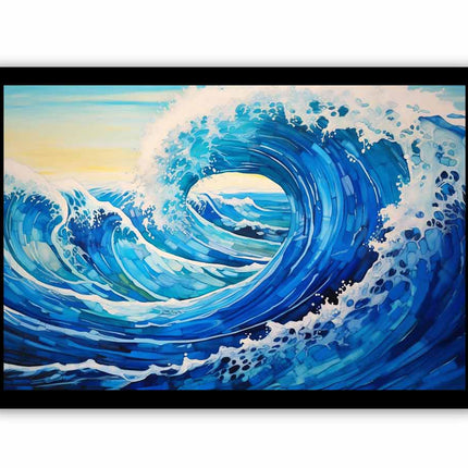 Framed artwork of a blue wave with white foam on a white background