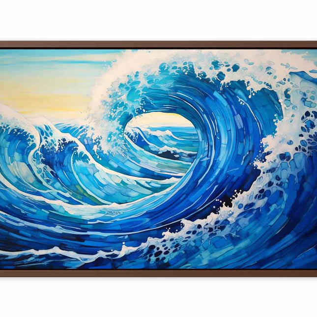 Framed painting of a blue wave with white foam on a white background