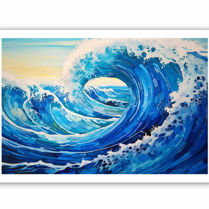 Framed artwork of a blue ocean wave with white foam on a white background