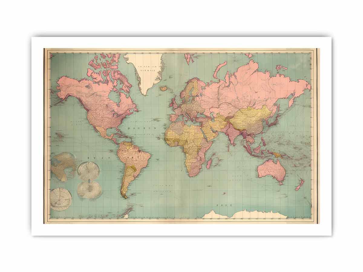 Vintage-style world map with a wooden frame on a white background