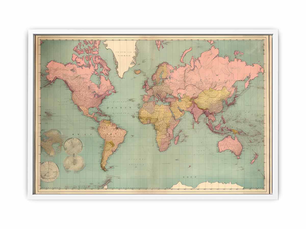 Vintage-style world map with pastel colors on a white background