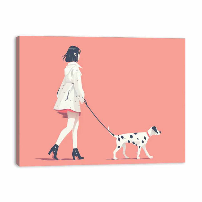 Illustration of a person walking a dog on a leash against a pink background