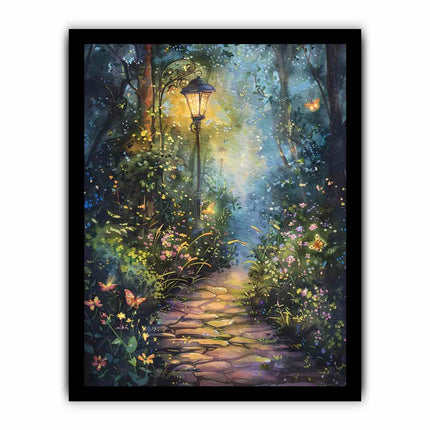 Framed artwork of a magical forest path with a glowing lantern, surrounded by flowers and butterflies.
