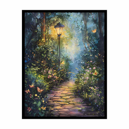 Framed artwork of a magical forest path with a glowing lantern, butterflies, and flowers.