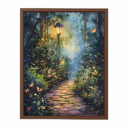 Framed artwork of a magical forest path with lantern and butterflies.
