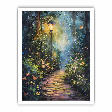 Framed artwork of a magical forest path with a glowing lantern.