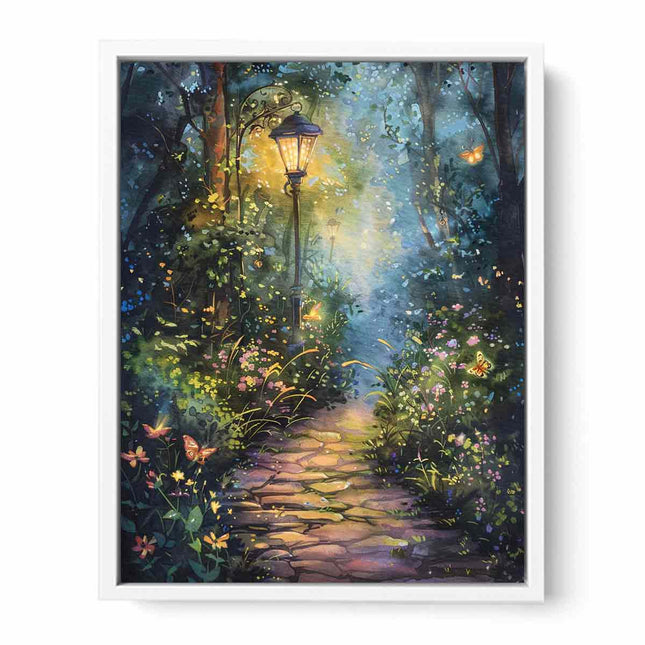 Framed artwork of a mystical forest path with a glowing lantern.