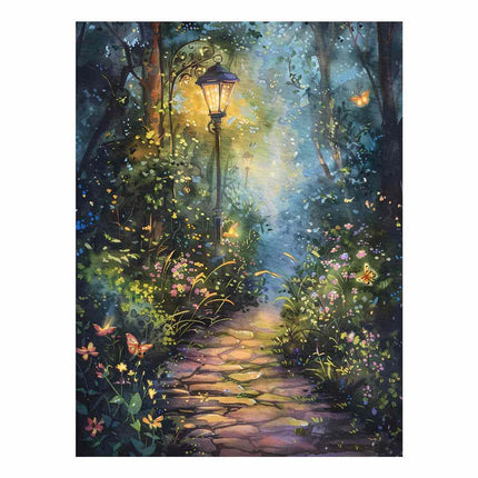 Painting of a magical forest path with a glowing lantern, butterflies, and flowers.
