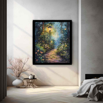 Framed painting of a forest path with lantern on a wall in a room.
