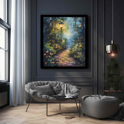 Framed painting of a forest path with lantern on a wall above a modern chair.