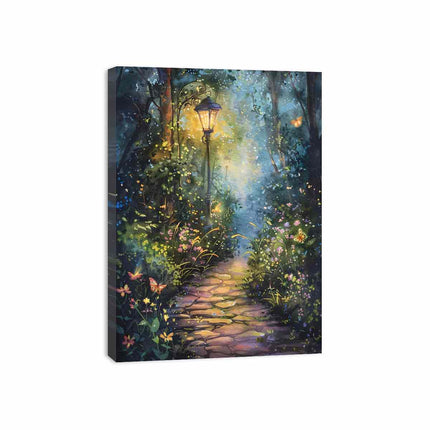 Canvas print of a fantasy garden path with a lamp post and flowers on a white background