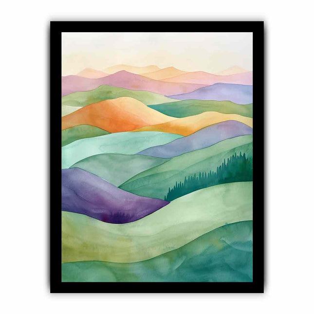 Framed artwork of colorful mountain landscape
