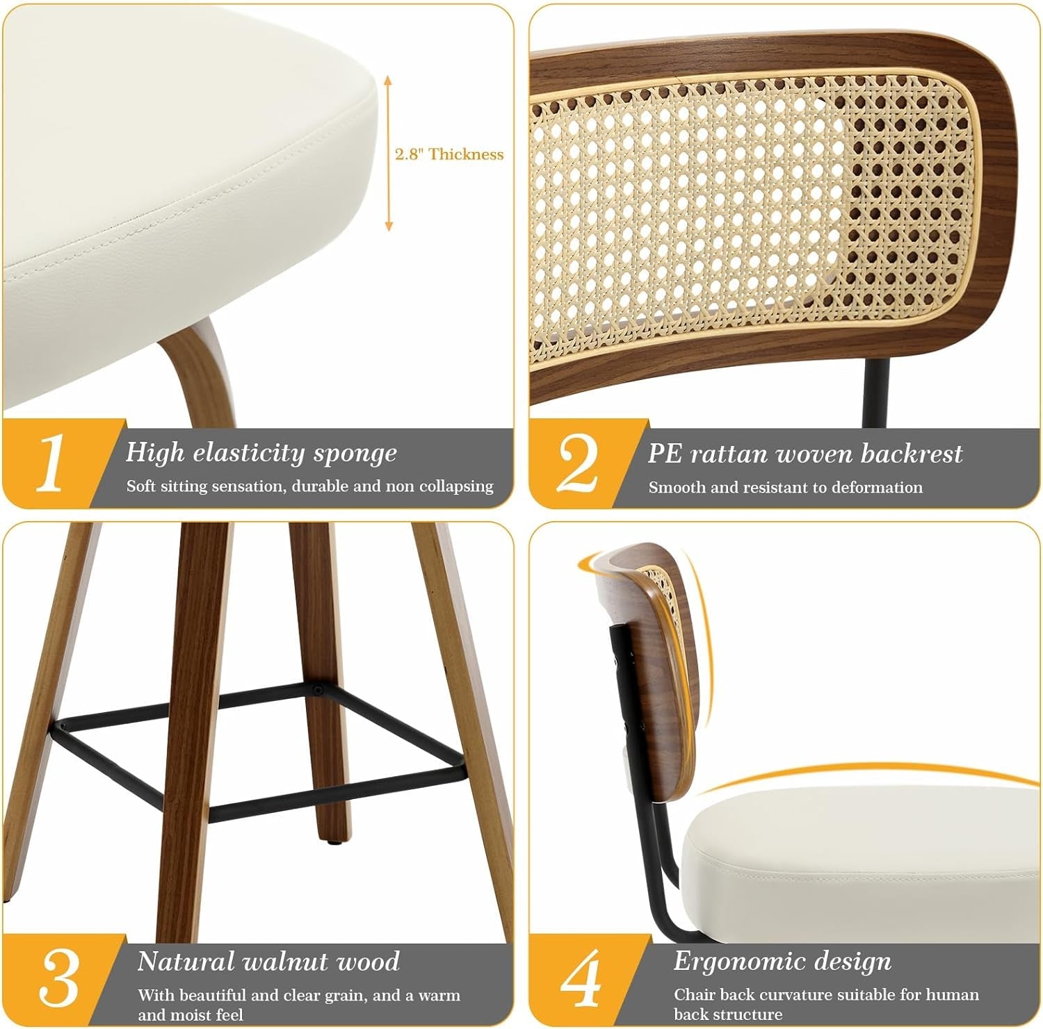 Chair with high elasticity sponge, PE rattan woven backrest, natural walnut wood, and ergonomic design features.