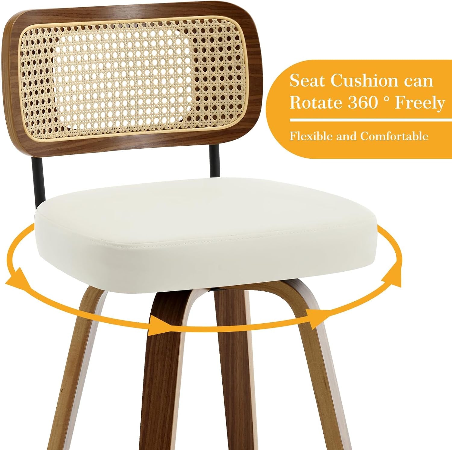 Chair with wicker backrest and white seat cushion, featuring text about seat cushion rotation.