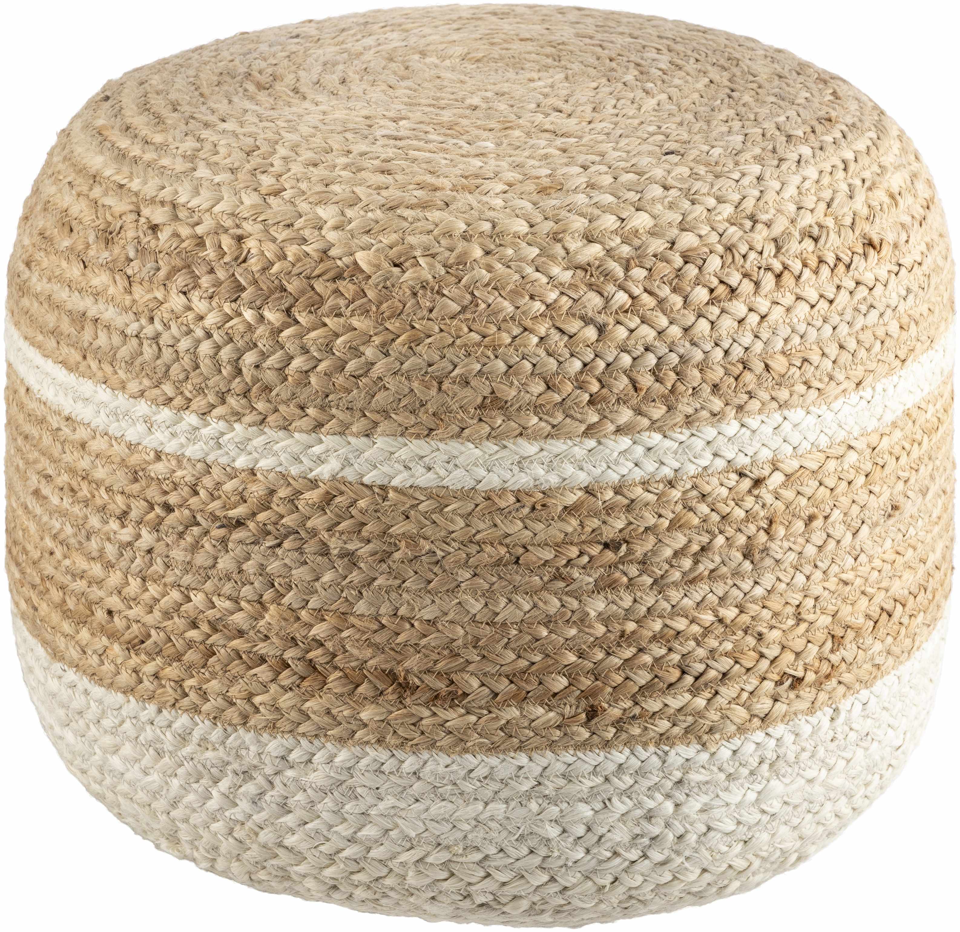 Round woven ottoman with natural and white stripes on a white background