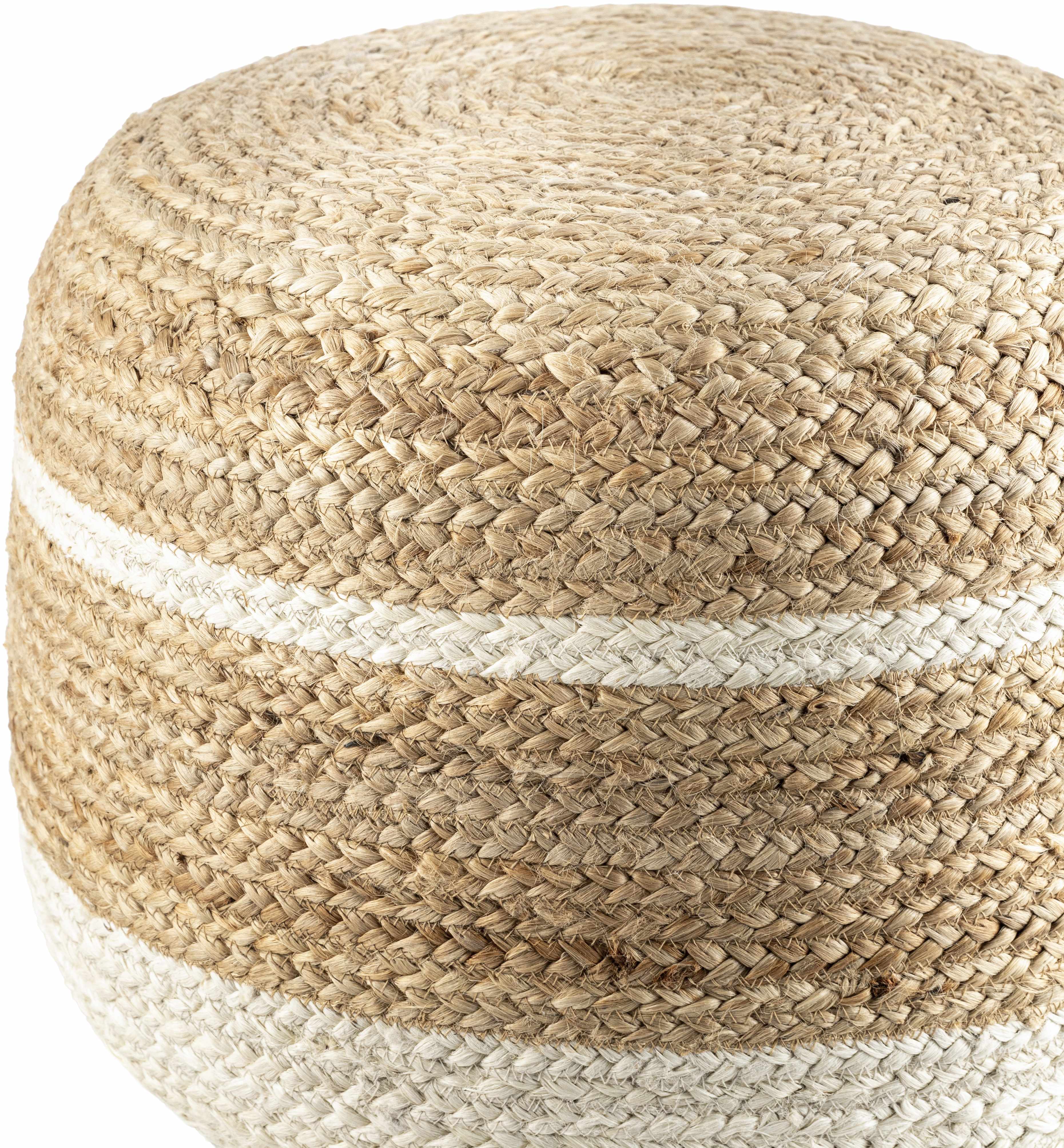 Woven ottoman with a white stripe on a white background