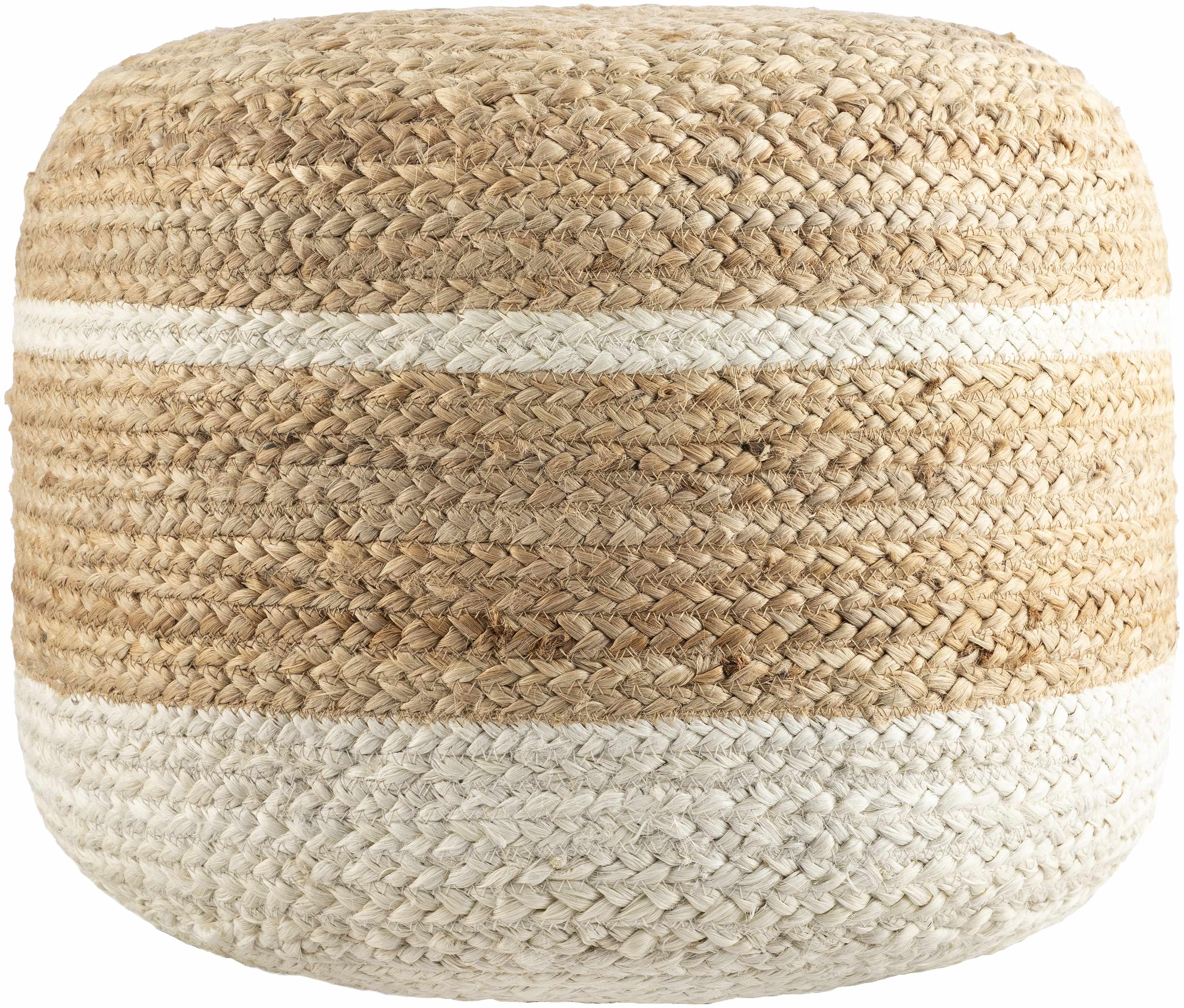 Round woven ottoman with natural and white stripes on a plain background