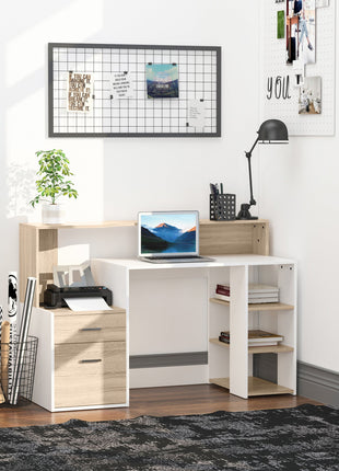 Computer Desk PC Table Modern Home Office Writing Workstation Furniture Printer Shelf Rack w/ Storage Drawer & Shelves (Oak and white)-0