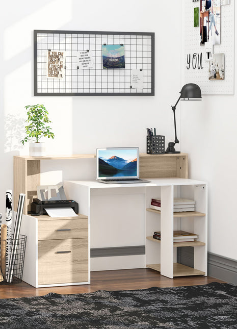 Computer Desk PC Table Modern Home Office Writing Workstation Furniture Printer Shelf Rack w/ Storage Drawer & Shelves (Oak and white)-0