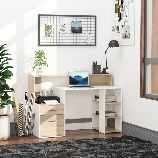 Computer Desk PC Table Modern Home Office Writing Workstation Furniture Printer Shelf Rack w/ Storage Drawer & Shelves (Oak and white)-0