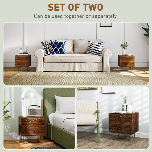 Bedside Tables Set of 2, Modern Side Table Set with 2 Drawers and Steel Hairpin Legs, Nightstand for Bedroom, Brown Wood Grain-3