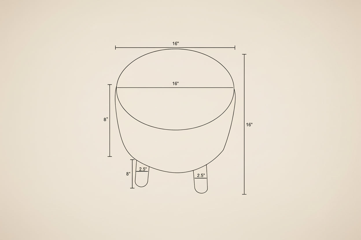 Technical drawing of a round stool with dimensions labeled