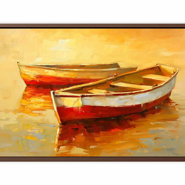 Painting of two boats on water with a warm color palette