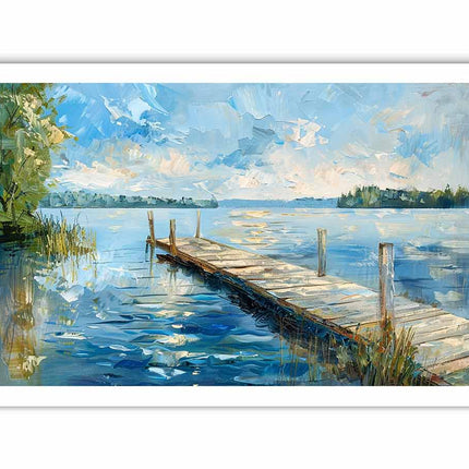 Painting of a dock extending into a calm lake with a blue sky.