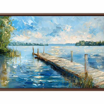 Framed painting of a dock extending into a lake with a wooden frame.