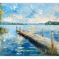 Painting of a dock extending into a calm lake with a blue sky.